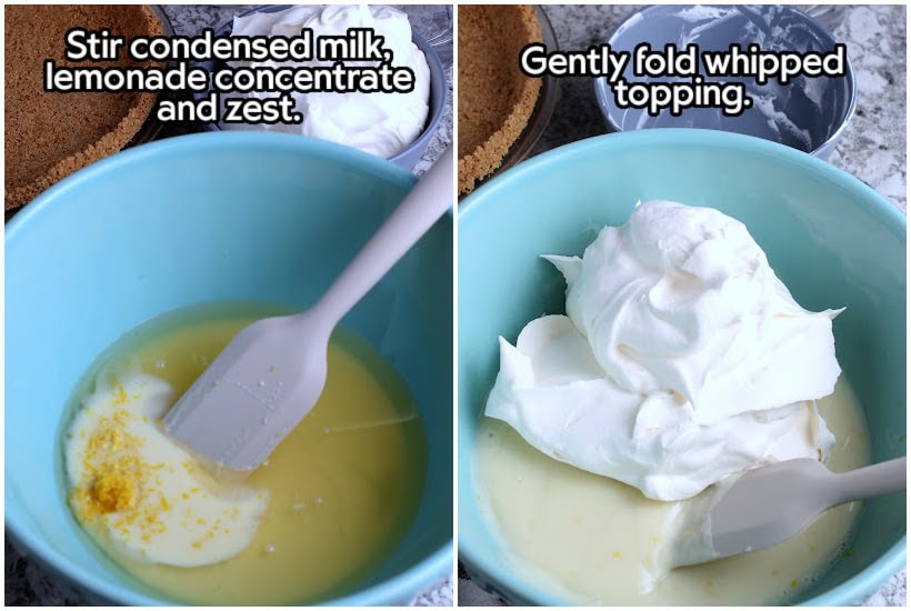 Two photo collage of mixing the sweetened condensed milk with lemonade concentrate and lemon zest and folding in the whipped topping with text labels.