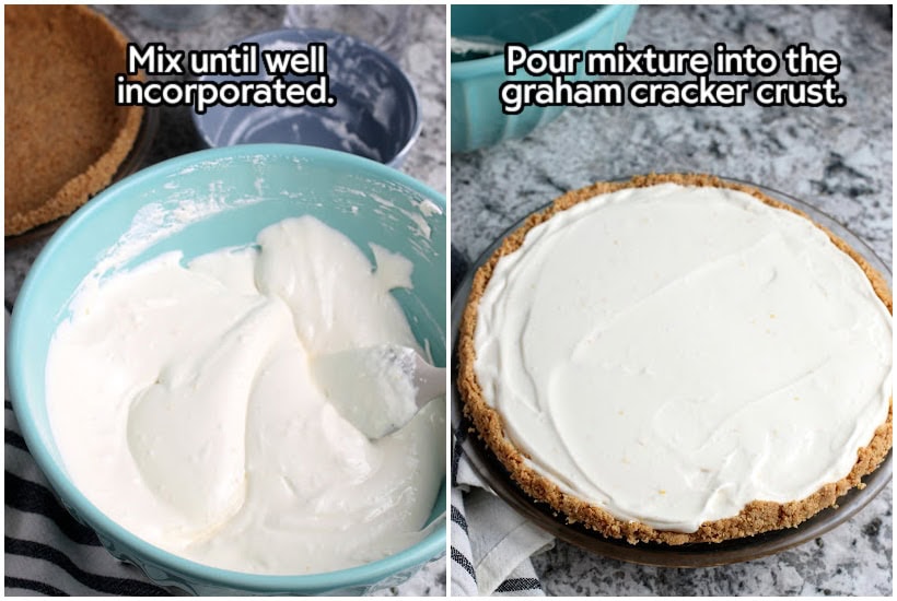 Two photo collage of mixing the creamy pie filling and adding it to the graham cracker crust with text overlay.
