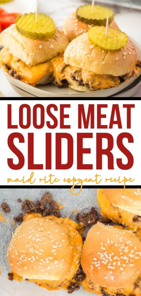Two photo collage of three loose meat sliders garnished with pickle chips on a white plate and sliders in the pan with text overlay.