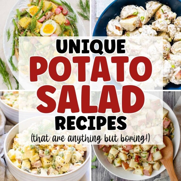 Four photo collage of unique potato salad recipes in bowls with text overlay.
