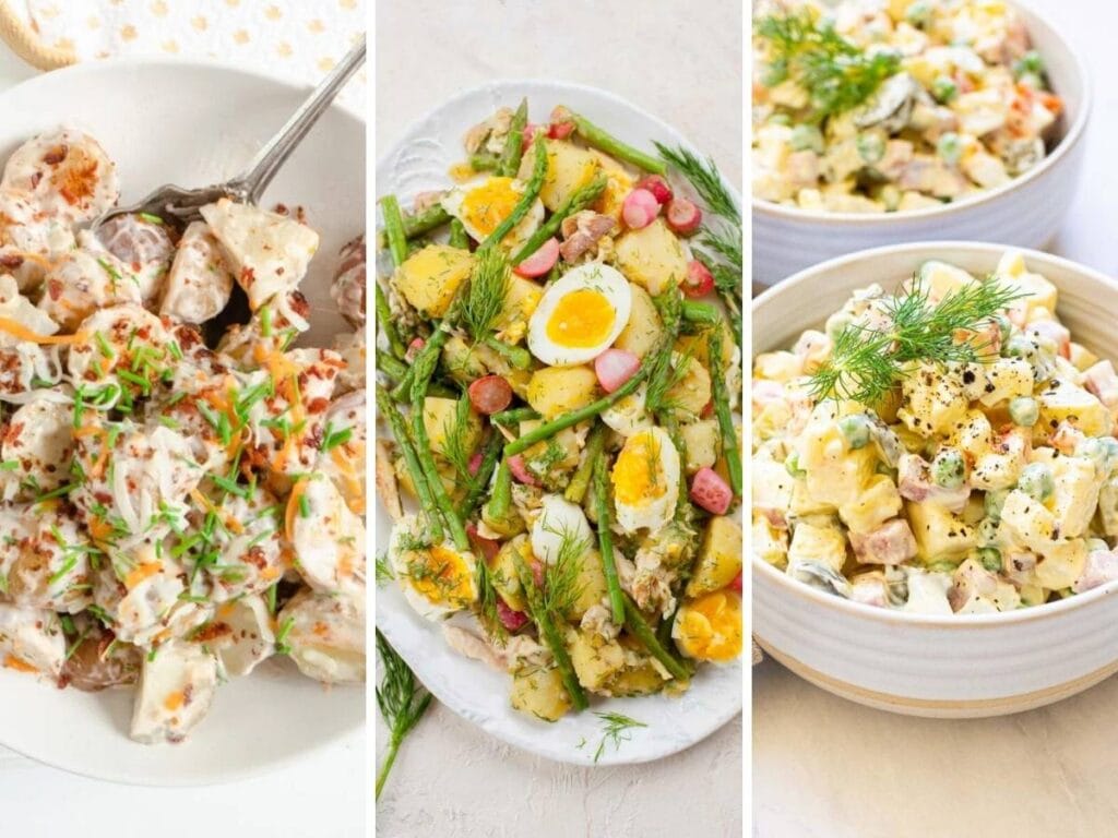 Three photo collage of different potato salads in bowls.