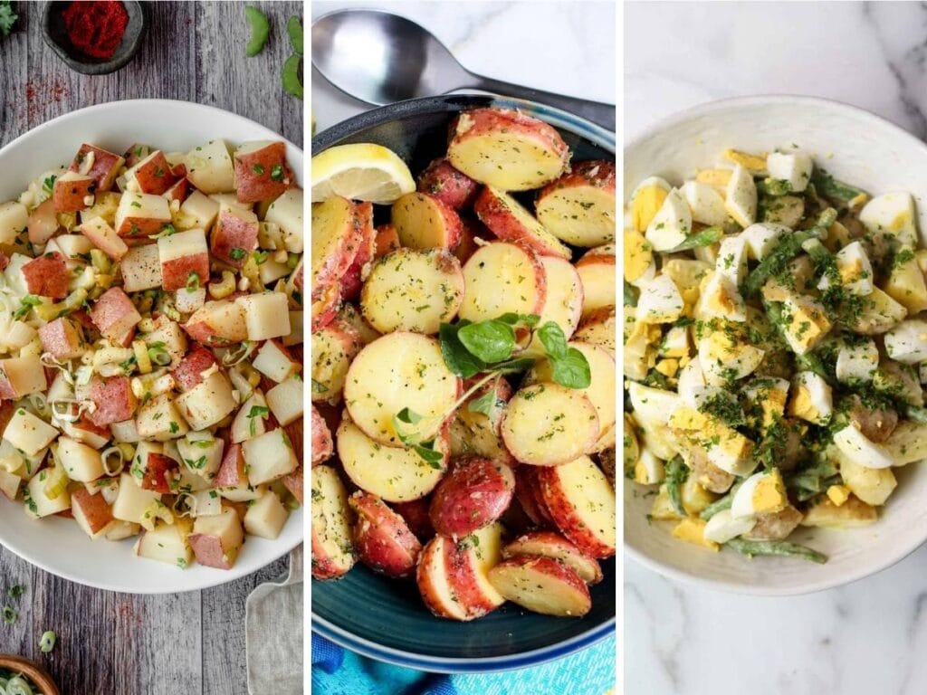 Three photo collage of different potato salads in bowls.
