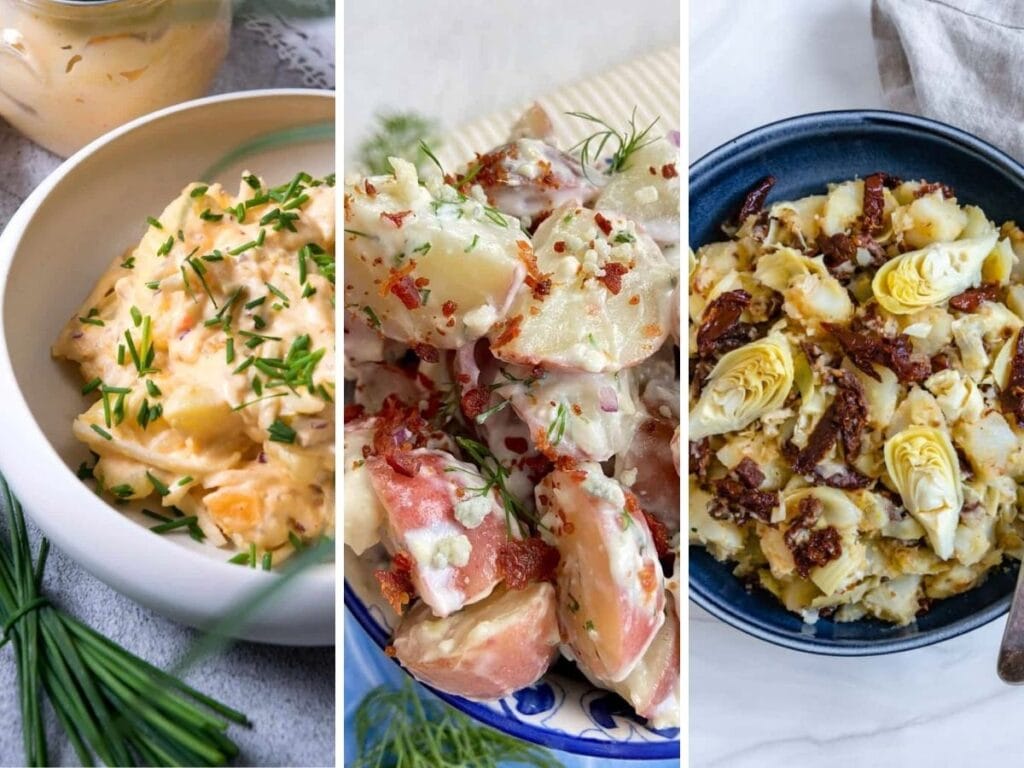 Three photo collage of different potato salads in bowls.
