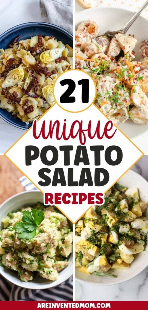 Four photo collage of unique potato salad recipes in bowls with text overlay.