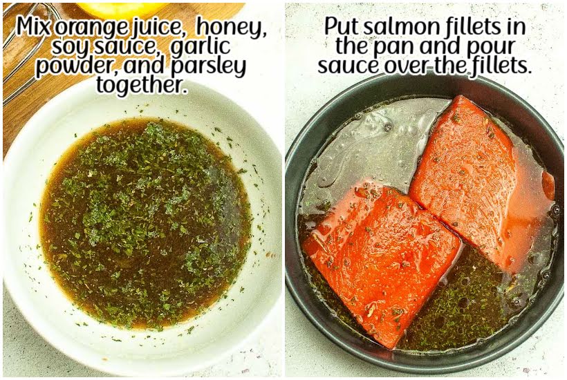 Side by side images of orange juice, honey, soy sauce, and seasonings in a bowl and salmon fillets in a pan with the sauce with text overlay.