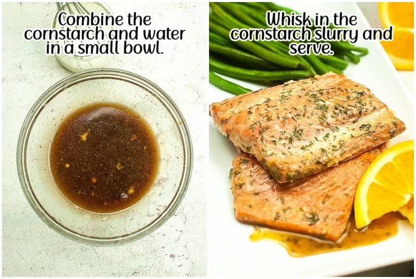 Two images of cornstarch and water in mixing bowl and air fried honey orange glazed salmon, green beans and oranges on a plate with text overlay.