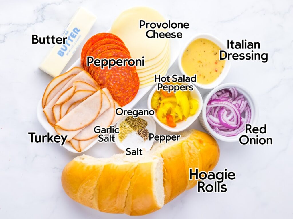 Ingredients needed to make baked Italian hoagies recipe with text labels.
