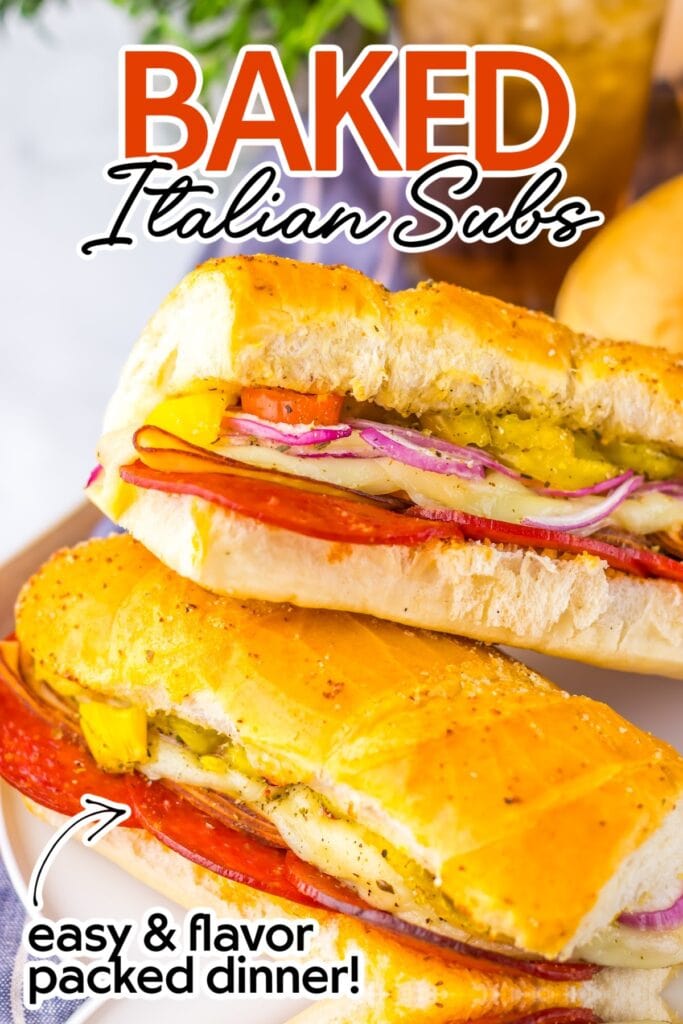 Close-up of hot Italian hoagies with striped dish towel and text overlay.