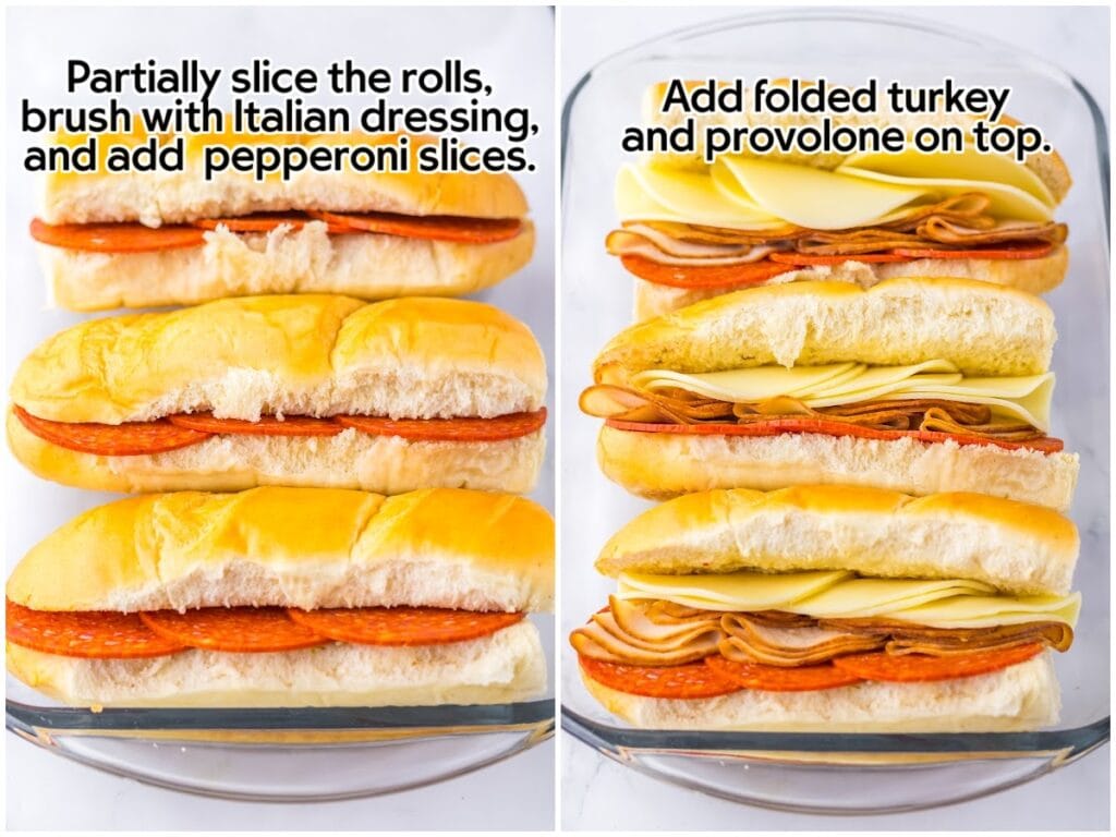 Step-by-step photos of baked Italian hero sandwiches layered in rolls on a baking dish with text overlay.
