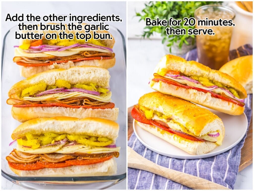Two image collage of brushing the buns with garlic butter and the baked classic Italian subs on a white plate with text overlay.