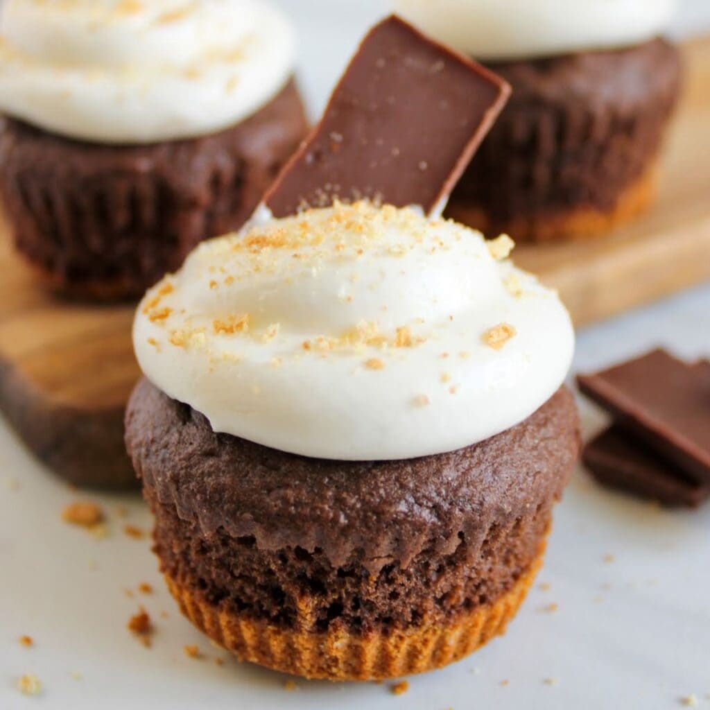 Smores cupcakes topped with whipped marshmallow frosting and garnished with crushed graham cracker crumbs and pieces of chocolate.