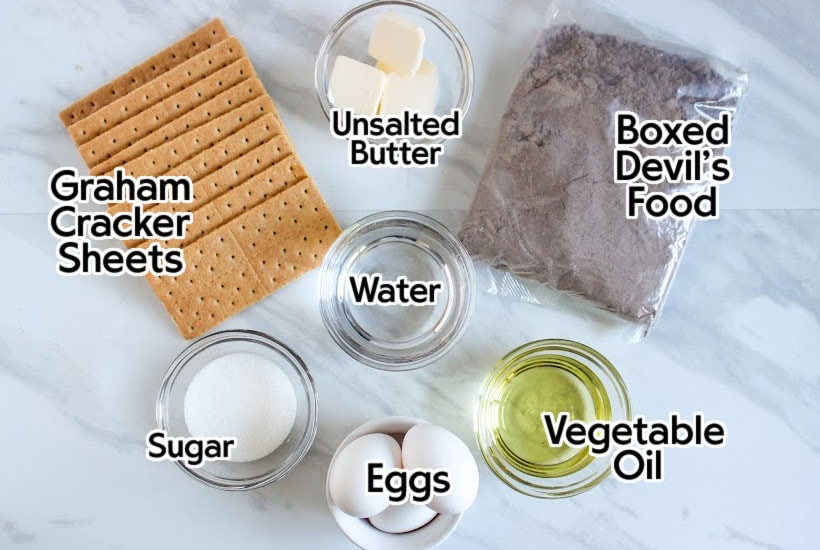 Ingredients to make smores cupcakes from boxed cake mix with text labels.