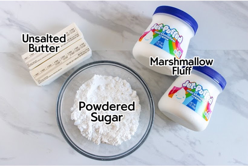 Ingredients to make the whipped marshmallow frosting with text labels.
