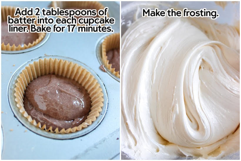 Two photo collage of adding the chocolate cake batter to the cupcake liners and making the frosting with text overlay.