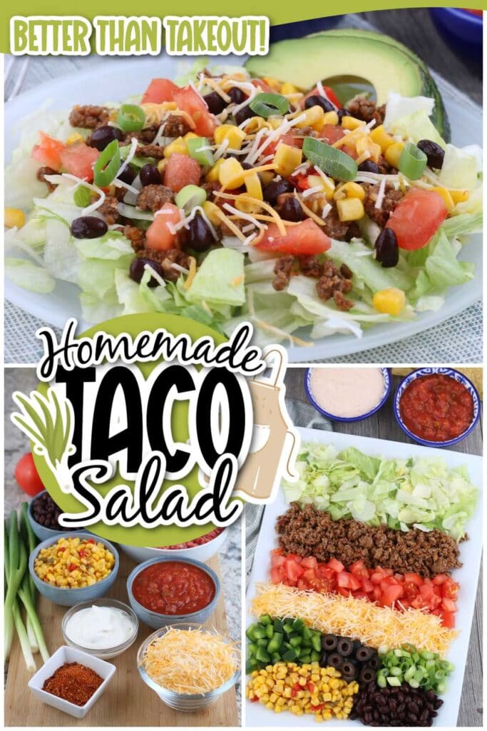 Three photo collage of homemade taco salad and ingredients with text overlay.