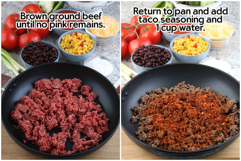 Two photo collage of cooking the ground beef and adding the seasonings to the cooked meat with text overlay.
