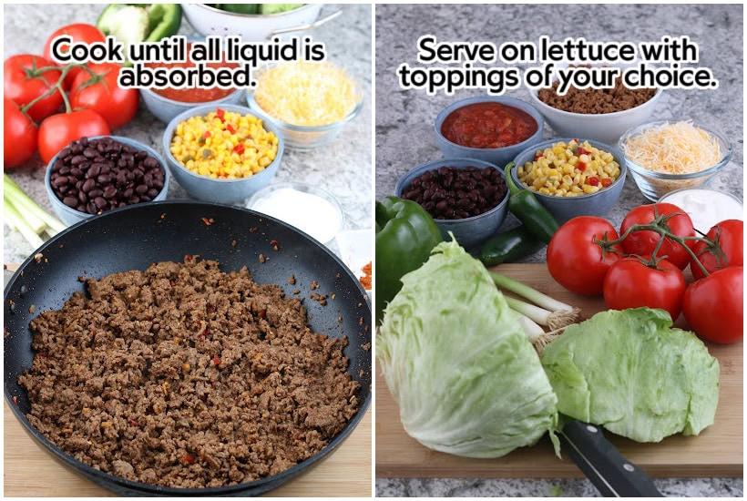 Two photo collage of the cooked ground beef taco meat and a variety of toppings for a taco salad bar with text overlay.