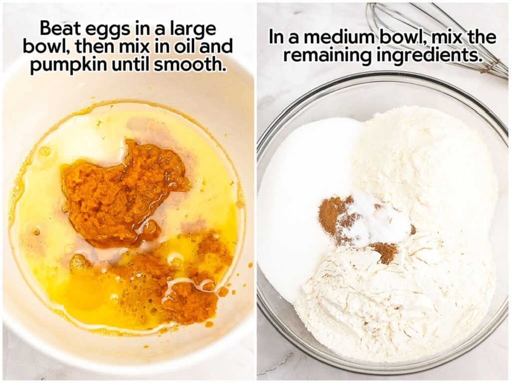 Two photo collage of mixing the wet ingredients in a bowl and mixing the dry ingredients in a bowl with text overlay.