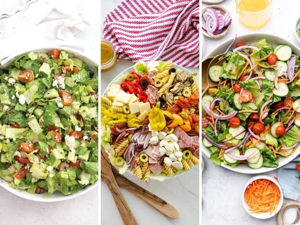 Three photo collage of easy chopped salads in bowls.