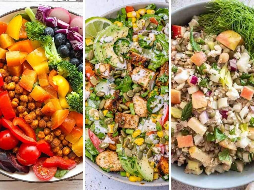 Three photo collage of easy chopped salad recipes in bowls.
