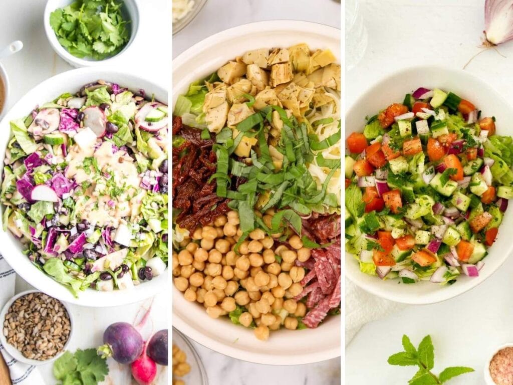 Three photo collage of chopped salads in bowls.