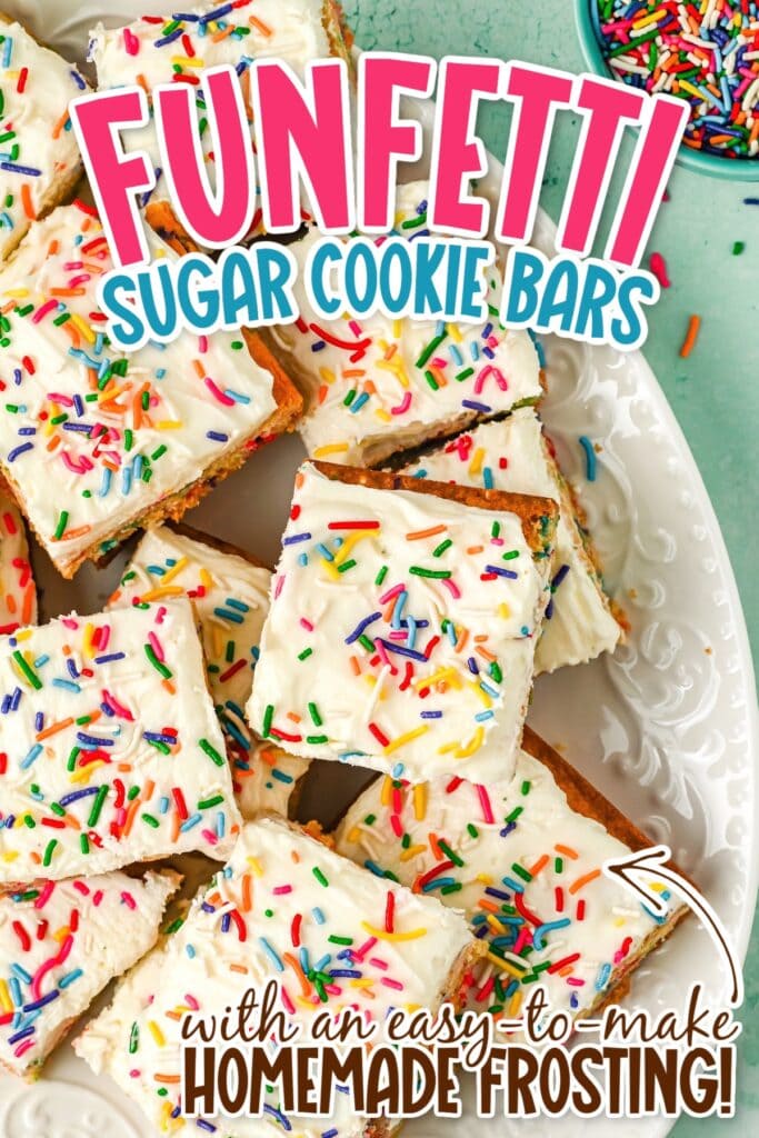 Overhead view of funfetti frosted sugar cookie bars with colorful rainbow sprinkles on a white platter with text overlay.