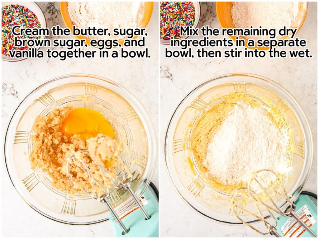 Two image collage of creaming the wet ingredients together and adding the dry ingredients with text overlay.