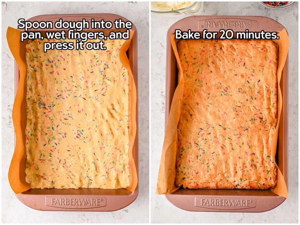 Side by side images of a baking pan filled with funfetti sugar cookie dough pressed out evenly before baking and the baked golden bars fresh from the oven before slicing with text overlay.
