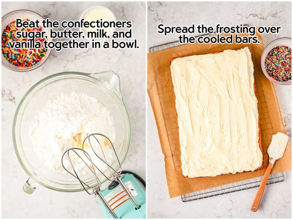 Two image collage of whipping the frosting ingredients together next to cooled cookie bars spread with homemade frosting with text overlay.