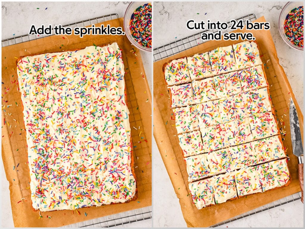 Two image collage of funfetti frosted funfetti sugar cookie bars topped with rainbow sprinkles and the bars cut into squares on parchment paper with text overlay.