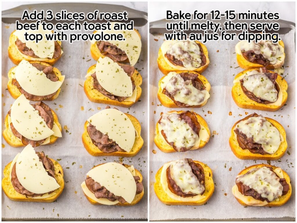 Two image collage of a baking sheet with garlic bread French dip sandwiches being assembled with Texas toast, roast beef and provolone cheese slices then baked with text overlay.