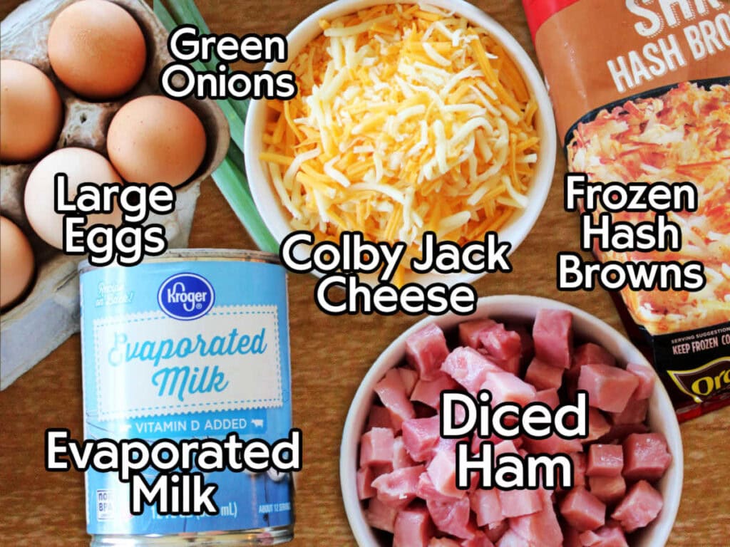 Ingredients to make hash brown breakfast casserole with text labels.