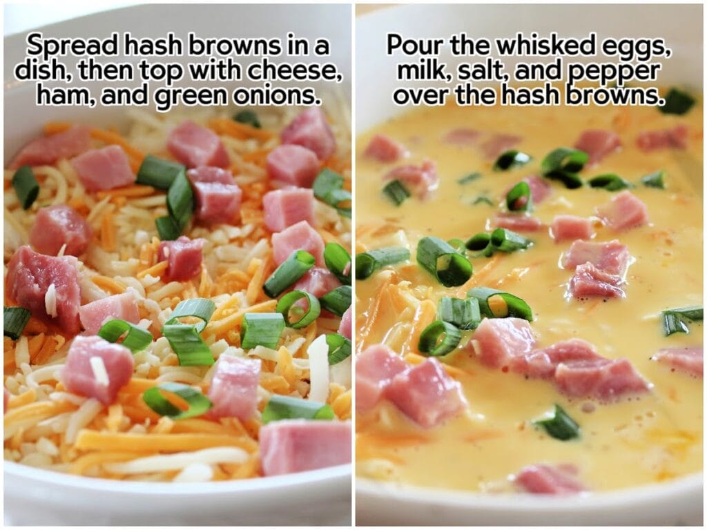 Two image collage of adding the ham, cheese and onions on top of the hash browns and adding the whisked egg mixture over the top with text overlay.