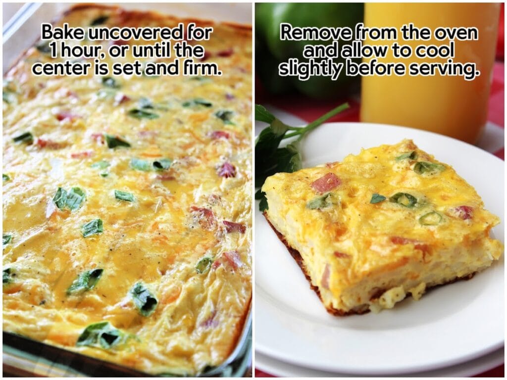Two image collage of the baked casserole and a square slice of farmers market breakfast casserole served on a white plate.