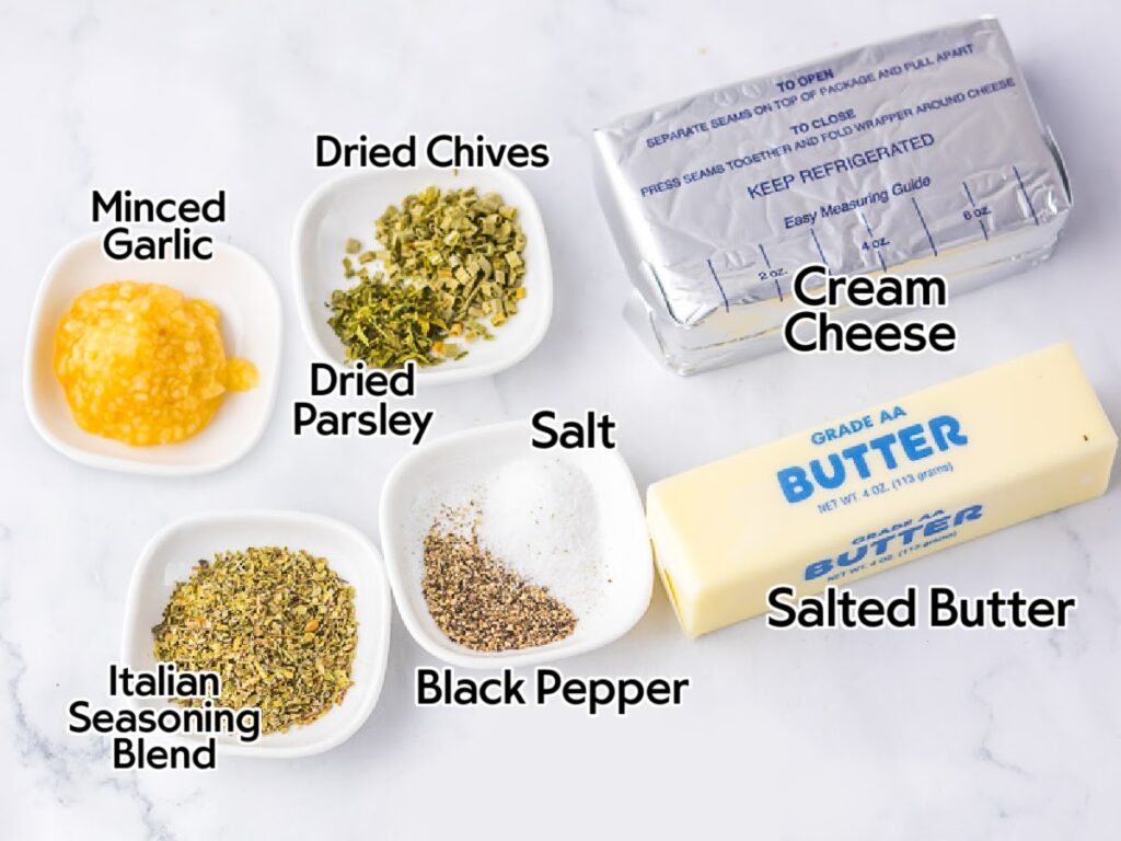 Ingredients needed to make homemade Boursin garlic and herb cheese recipe, with text labels.