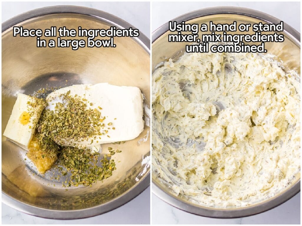 Two image collage of the ingredients in a mixing bowl and the cheese mixture after its been blended together with text overlay.