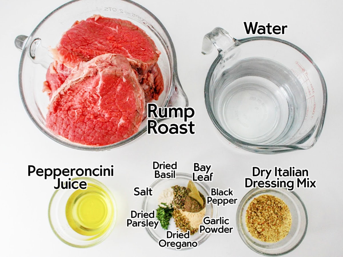 Ingredients to make the crockpot Italian beef sandwiches recipe with text labels.