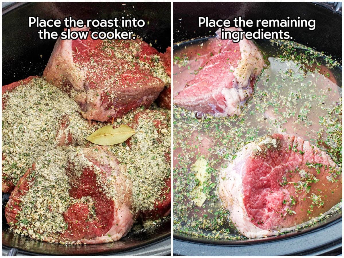 Two image collage showing the roast and seasonings being added to the crockpot.