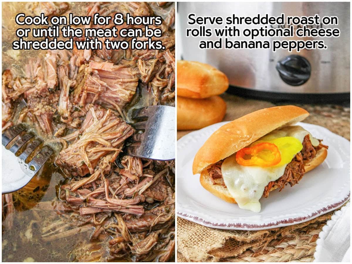 Two image collage of shredding the slow cooked Italian beef, and a sandwich with cheese and peppers on a white plate.