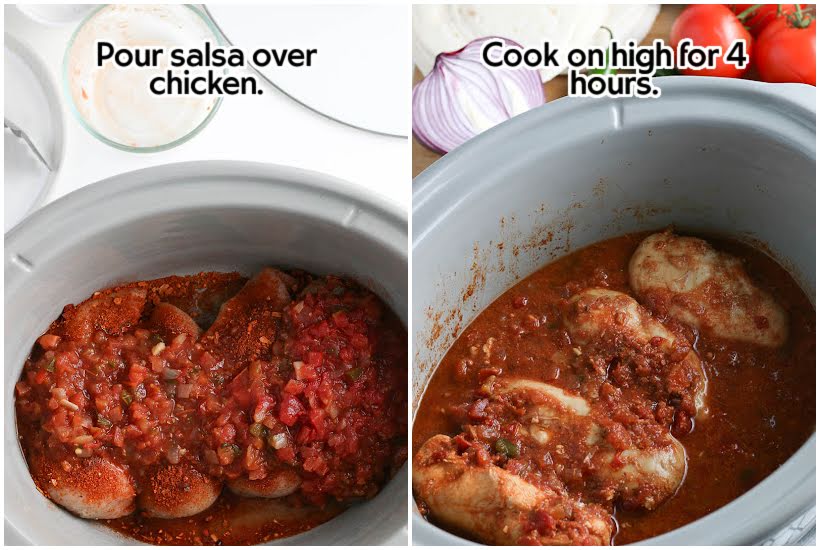 Two photo collage of pouring the salsa over the chicken and the chicken after it's been cooked with text overlay.