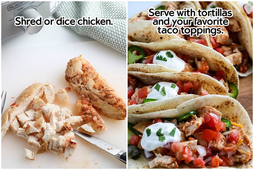 Two photo collage of shredding the cooked chicken and flour tortillas filled with salsa chicken and garnished with sour cream with text overlay.