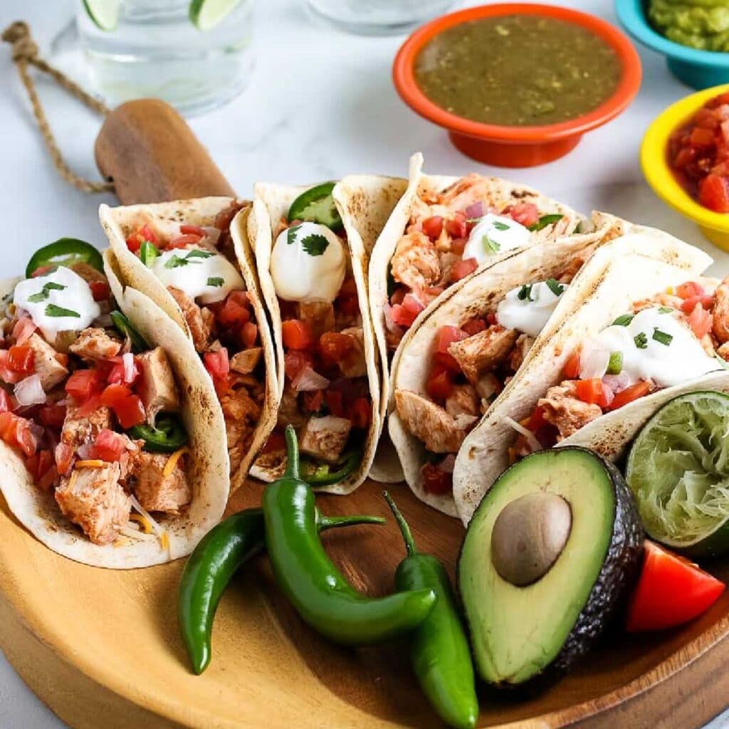 Crockpot salsa chicken tacos garnished with sour cream with peppers and avocado on a wooden serving tray.