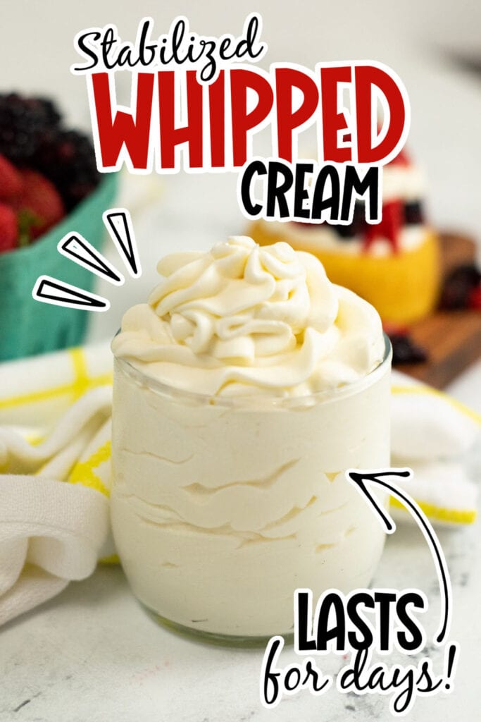 A clear glass jar filled with stabilized whipped cream frosting with text overlay.