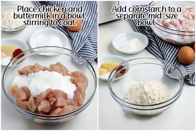 Two photo collage of raw chicken pieces coated in buttermilk in a bowl and cornstarch in a small dish with text overlay.