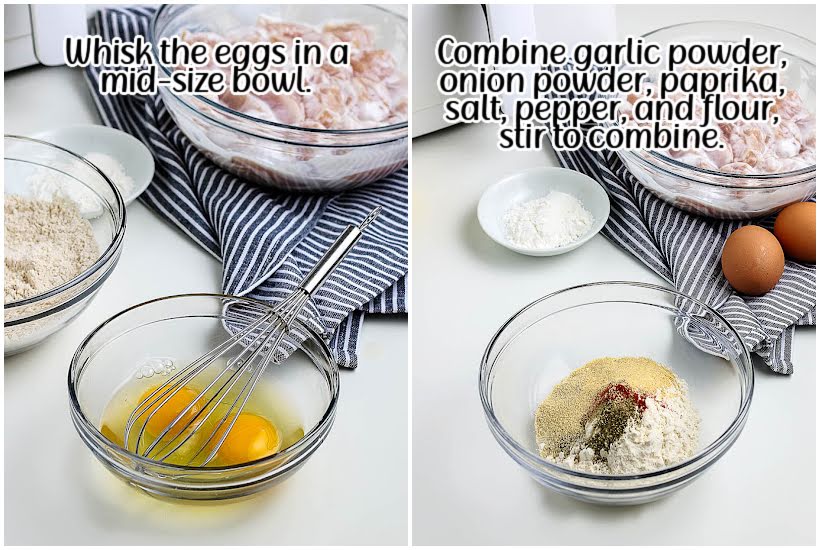Two photo collage of raw eggs with a whisk and spices in a small dish with text overlay.
