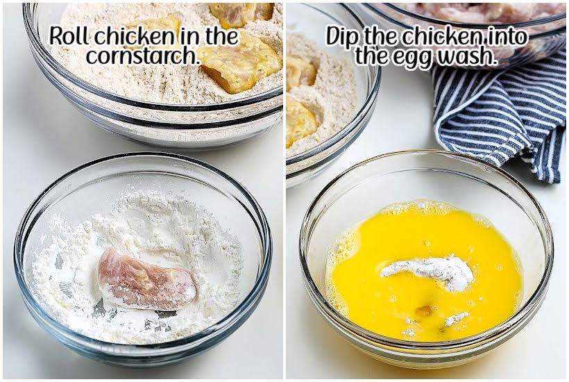 Two image collage of a chicken piece rolled in cornstarch and the coated chicken dipped in egg wash with text overlay.