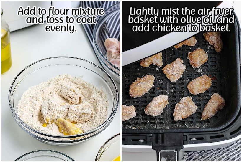 Side by side images of chicken in flour mixture and chicken pieces in the air fryer basket with text overlay.