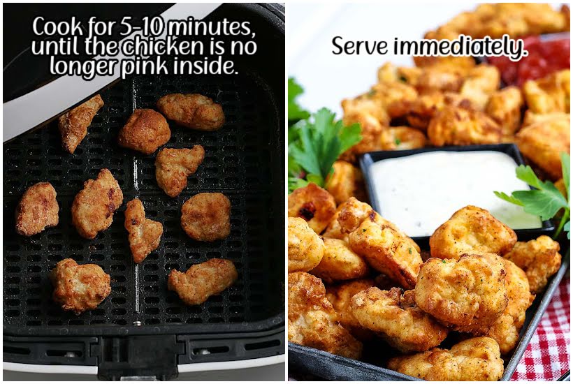 Side by side images of cooked chicken pieces in air fryer basket and a serving tray with air fryer popcorn chicken with ranch dressing with text overlay.