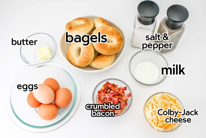 Ingredients needed to make breakfast pizza bagels with text labels.