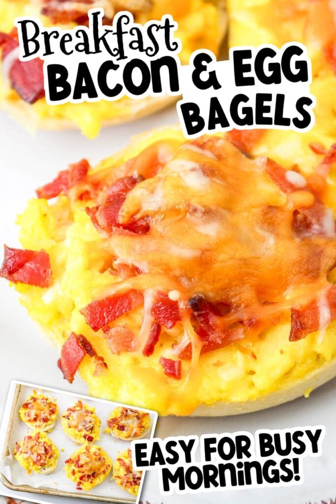 Breakfast bagel bites topped with eggs, bacon, and cheese with text overlay.